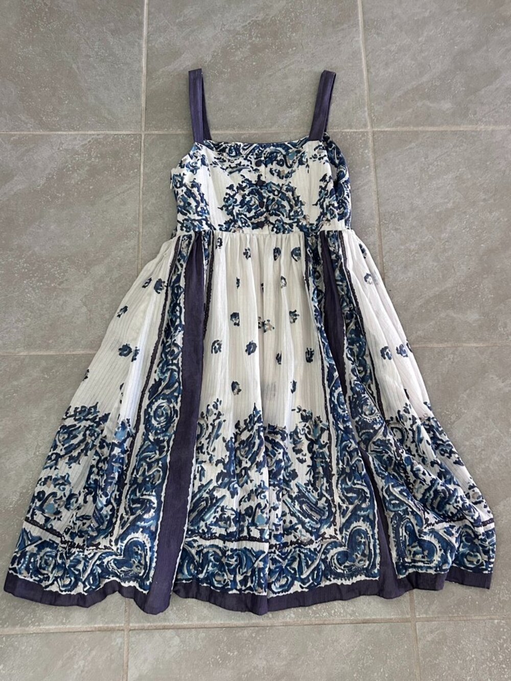 Anthropologie Maeve Ivory Blue Floral Tie-Waist Cotton Sundress Size 8